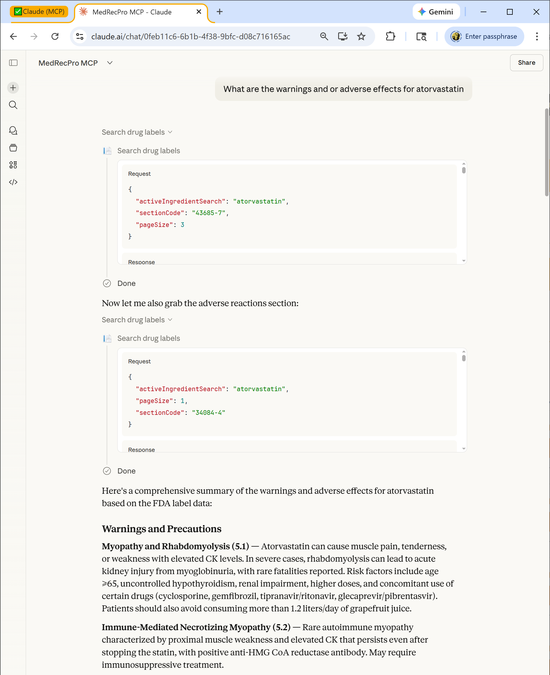 Screenshot showing Claude retrieving warnings and adverse effects for atorvastatin from FDA label data