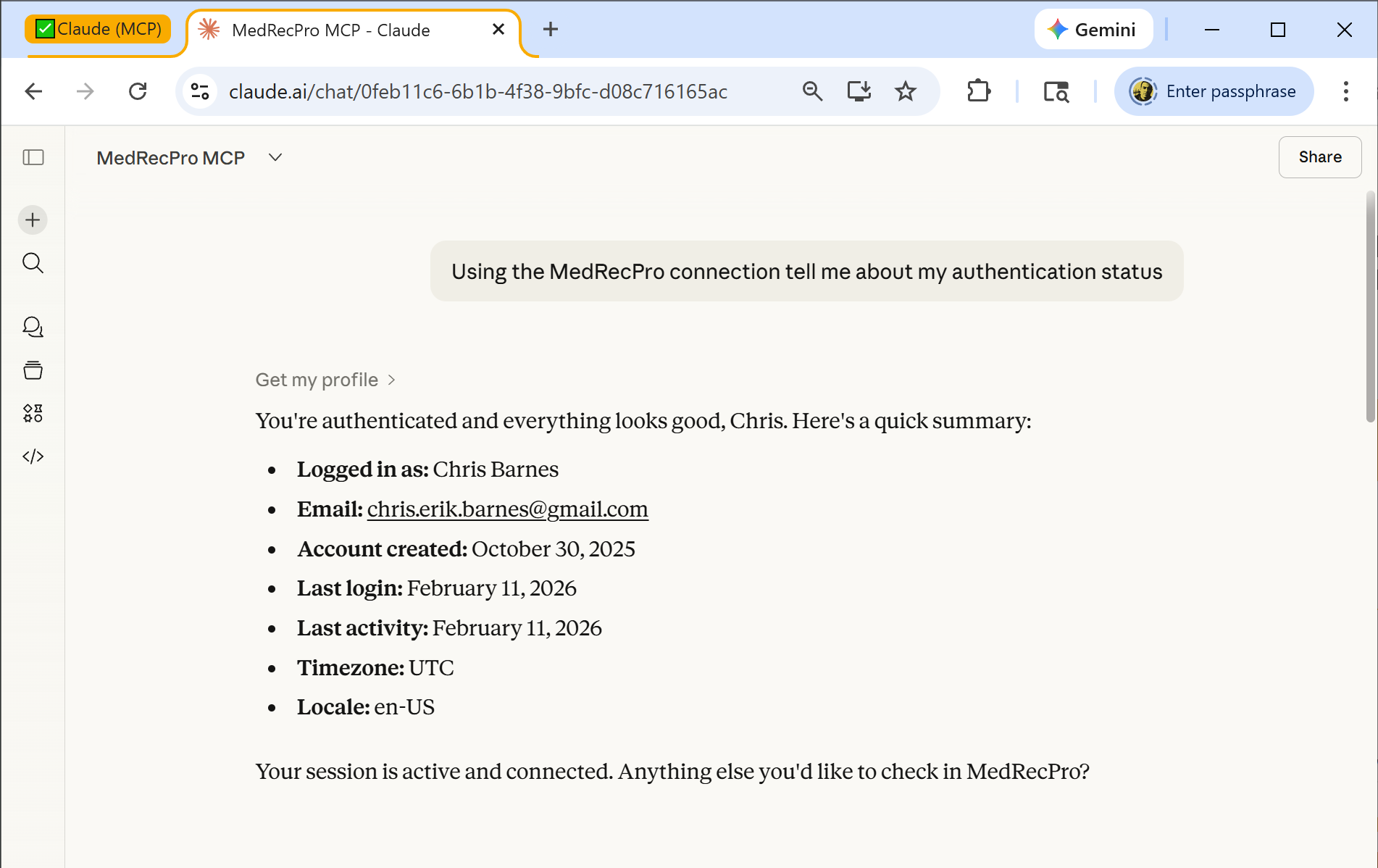 Screenshot showing Claude retrieving user profile information from MedRecPro