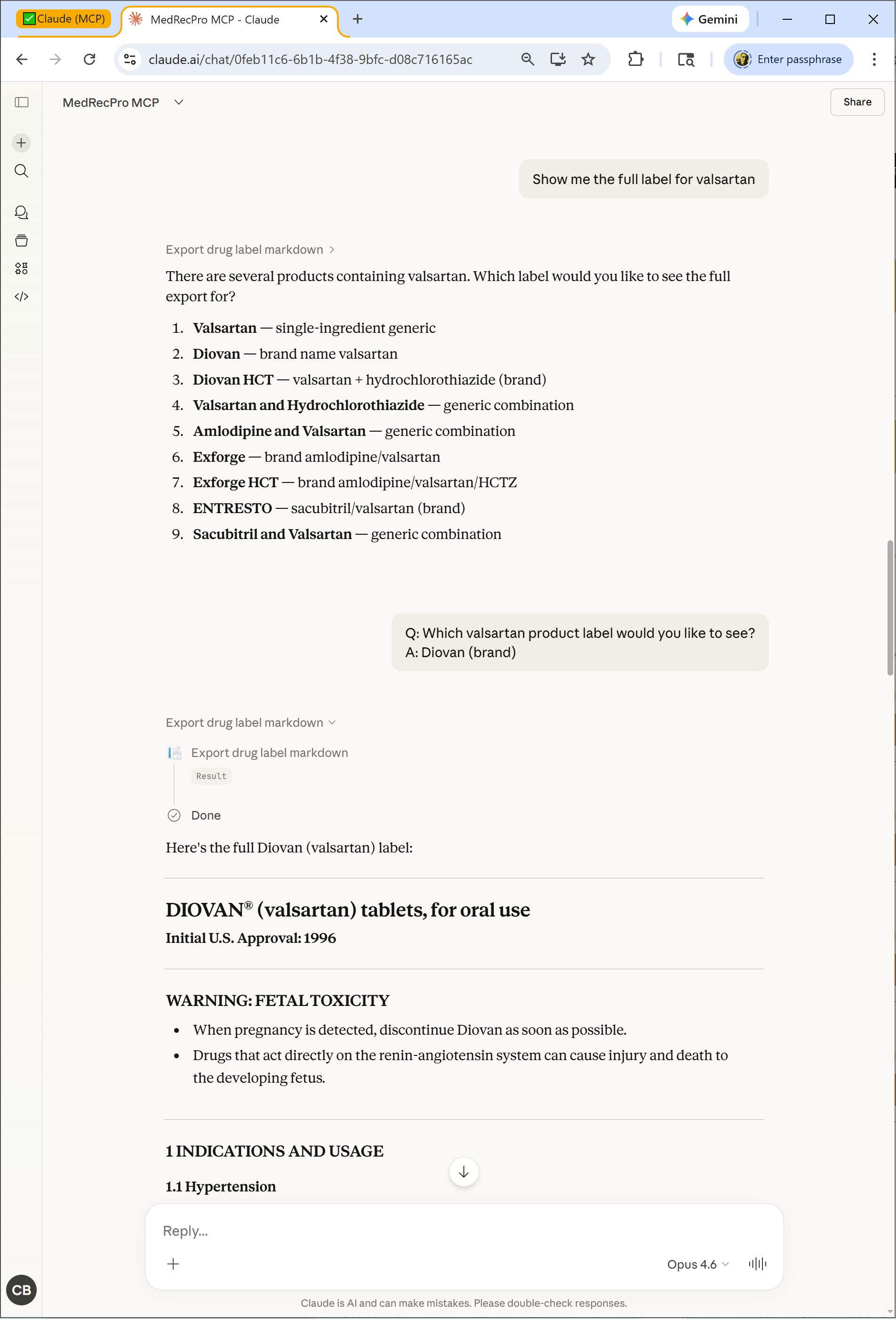 Screenshot showing Claude exporting the full Diovan valsartan label as formatted markdown