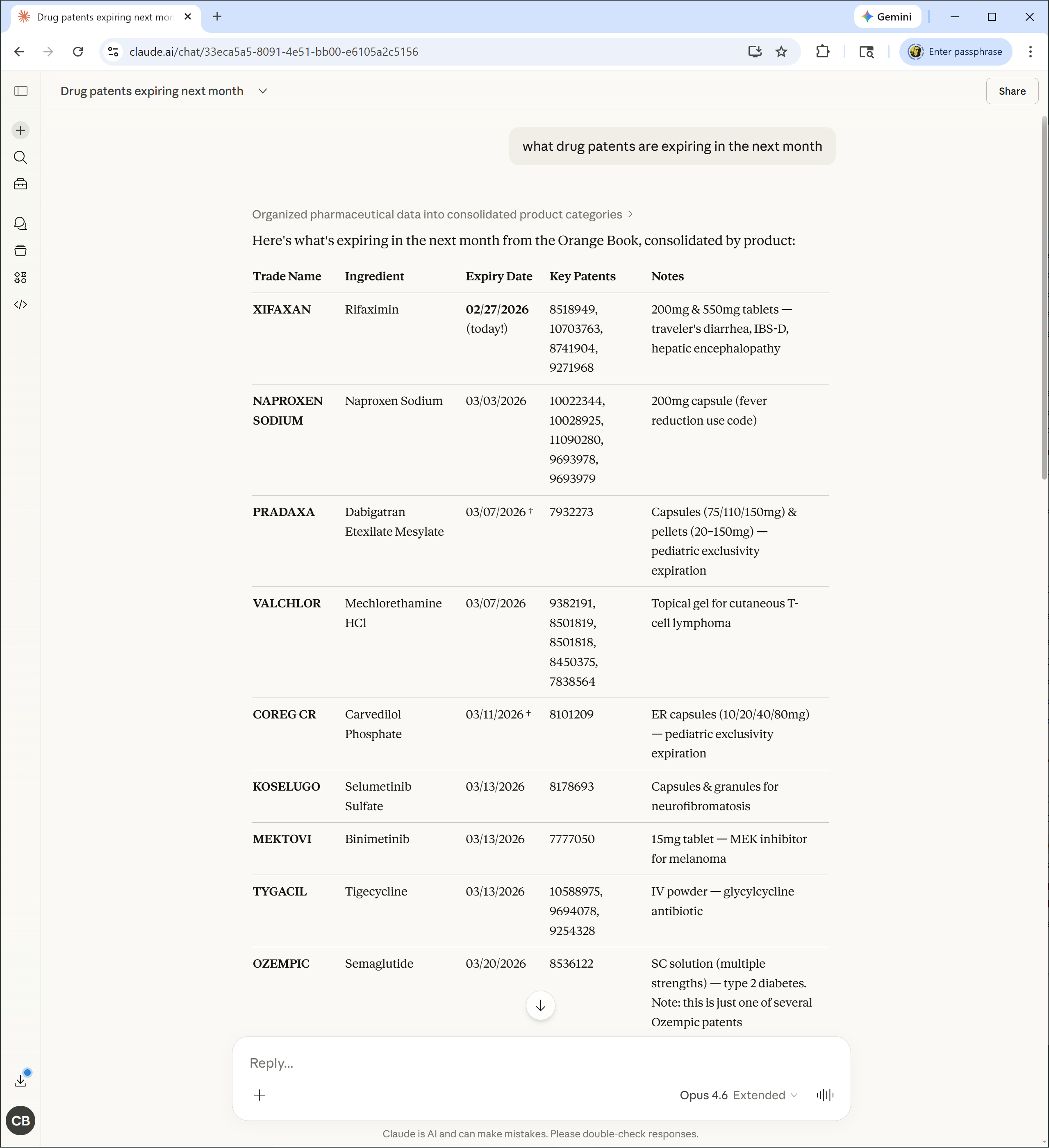 Screenshot showing Claude searching for drug patents expiring in the next month from the FDA Orange Book