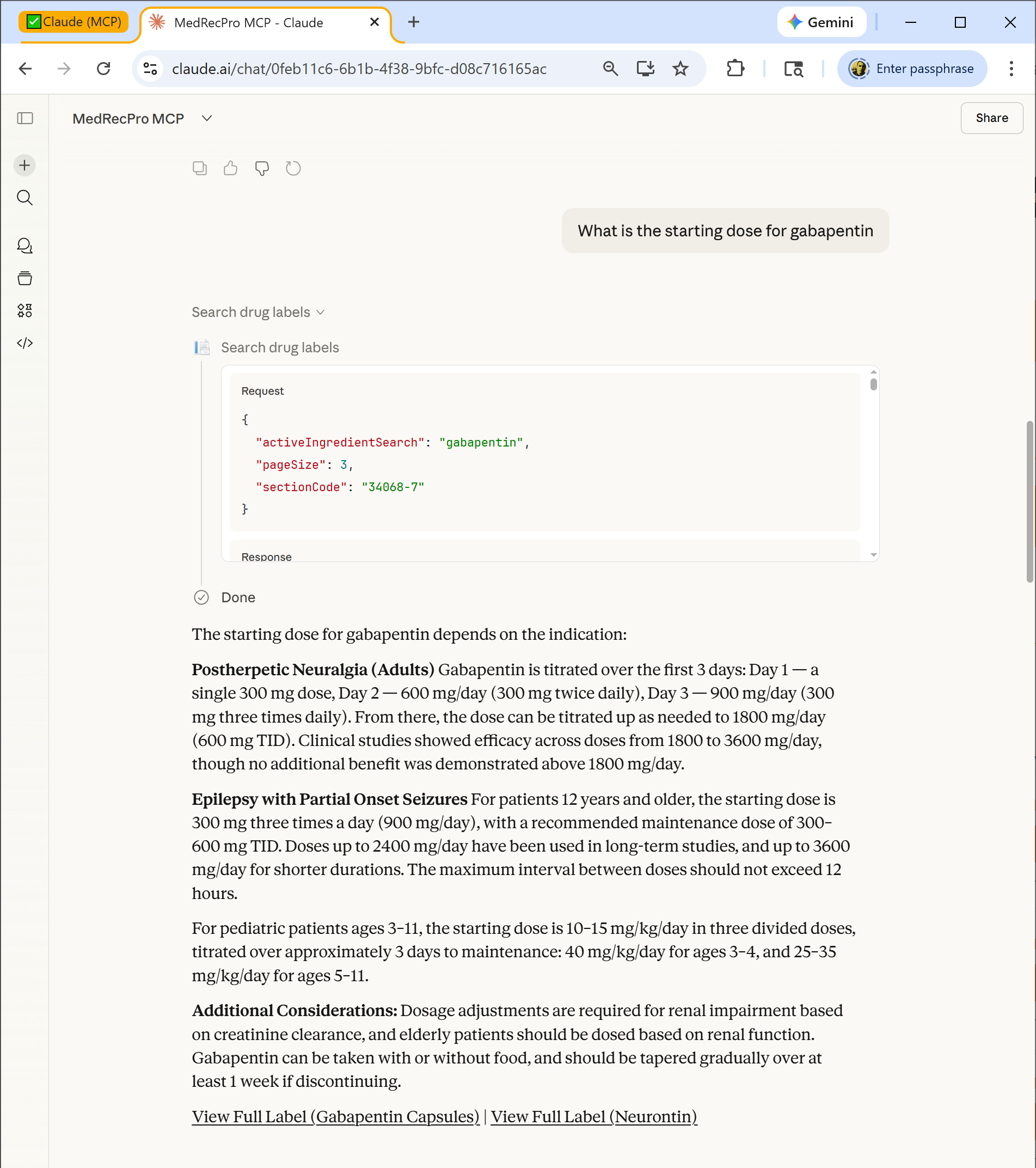 Screenshot showing Claude retrieving gabapentin dosage information from FDA label data